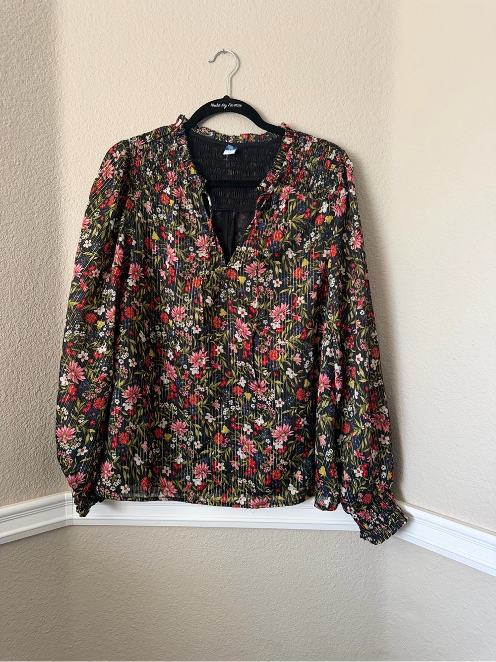 Old Navy Black Floral Split-Neck Long Sleeve Blouse